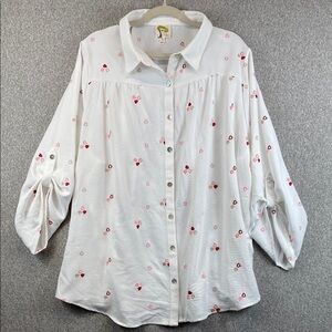 Fig & Flower boho blouse 3X button up down embroidered hearts casual cottagecore